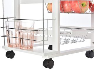 Carrito De Cocina Ahorrador De Espacio En Madera Blanca, Portacomidas Con 1 Superficie De Trabajo 1 Cajón Y 4 Cestos Metálicos, 47X37X83Cm