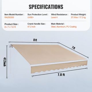Toldo Retráctil Manual, Toldo de Patio Exterior de 8 x 7 pies, Sombra Retráctil, Toldo de Ventana y Puerta de Patio de Poliéster Resistente al Agua con Manivela para Jardín, Balcón
