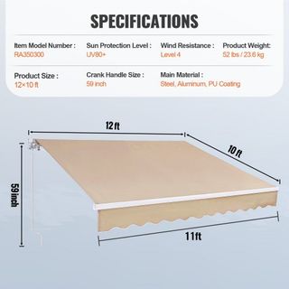 Toldo Retráctil Manual, Toldo de Patio Exterior de 12 x 10 pies, Sombra Retráctil, Toldo de Ventana y Puerta de Patio de Poliéster Resistente al Agua con Manivela para Jardín, Balcón