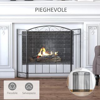 Parascintille Chimenea Con 3 Pannelli Pieghevoli in Metallo e Acciaio Nero 105X1.6X80.5Cm