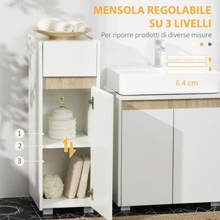 Mueble de Baño con Cajón y Armario con Estante Regulable, Mueble de Baño Multiusos de Madera, 30X33X88Cm, Blanco
