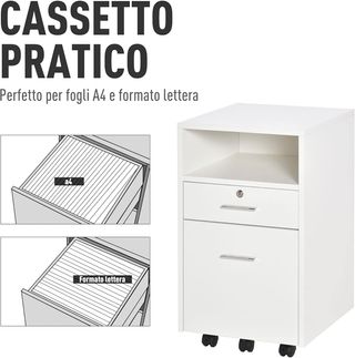 Archivador De Oficina Con 2 Cajones, 5 Ruedas Y Estante Abierto, Cajonera De Oficina Con Cerradura Y 2 Llaves para Carta/Formato A4, Armario Vertical Para Estudio, 39X40X65 Cm, Blanco