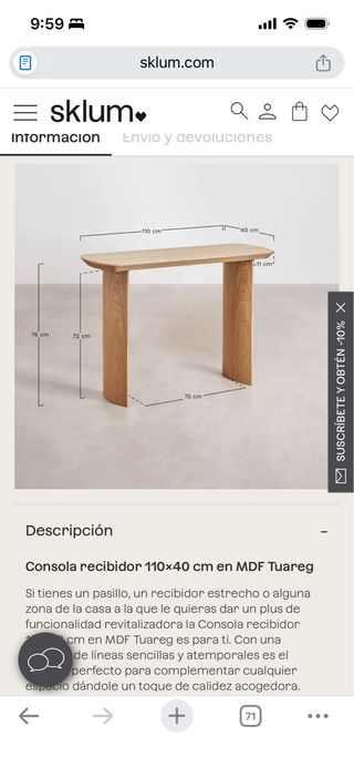 Mesita recibidor Sklum madera 110x40