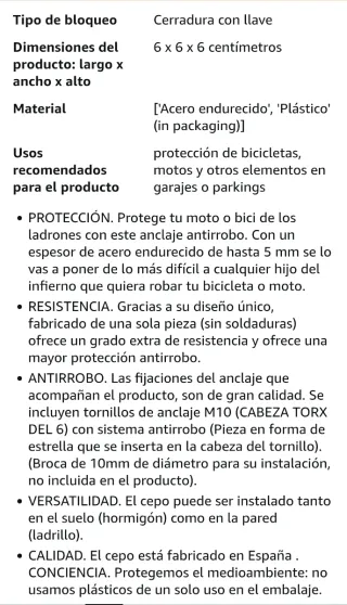 Anclaje Antirrobo Moto/Bici - Acero 5mm