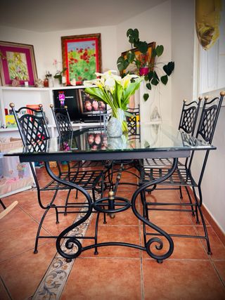Mesa Comedor Cristal y Hierro Forjado + 6 Sillas