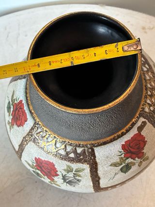 Jarrón Alemán Vintage Cerámica Flores Rojas