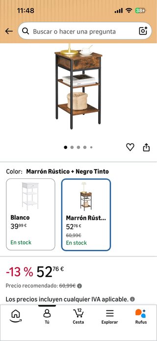 Mesita Noche VASAGLE Cajón 2 Estantes