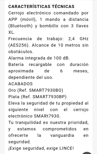 Cerrojo Electrónico Lince SMARt7930 BP alarma