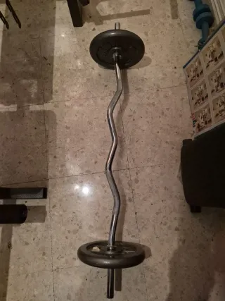 Banco de pesas y lote de discos