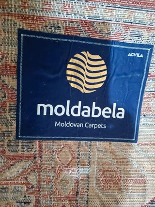 Alfombra de lana 3x3,8m roja, beige y azul