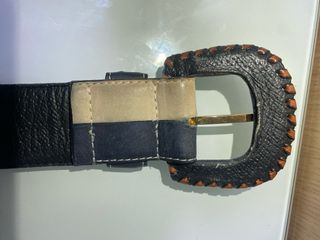 Cinturón de piel mujer beige y azul oscuro