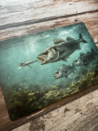 PLACA CARTEL DECORATIVO DE PESCA LUBINAS SEÑUELO