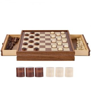 Juego de Ajedrez de Madera Sólida, Juego de Ajedrez y Damas 2-en-1 de 15 pulgadas, Juegos de Tablero de Ajedrez con Cajón de Almacenamiento y Piezas de Ajedrez y Damas con Peso y 2 Reinas, para Ad...