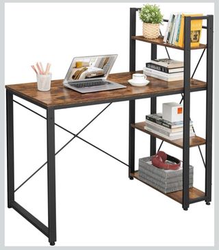 Escritorio madera y metal con estanterías