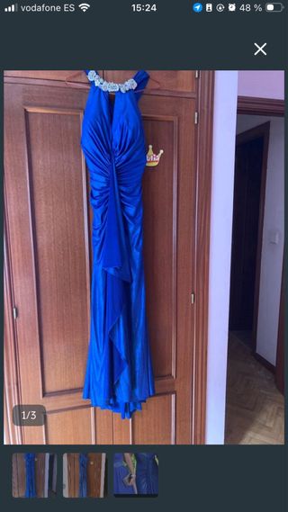 Vestido largo azul para bodas con espalda cruzada