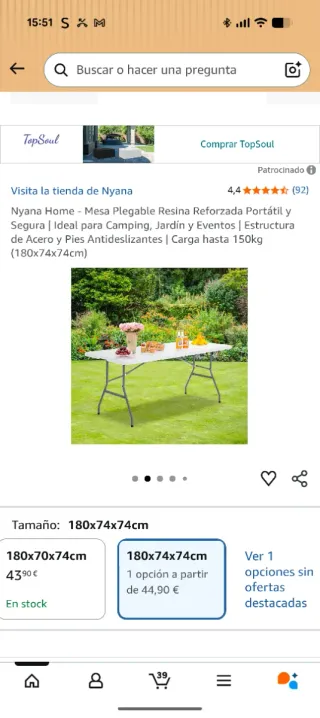 Mesa Plegable Nyana Home Blanca 180x74cmx74.