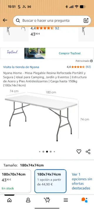 Mesa Plegable Nyana Home Blanca 180x74cmx74.