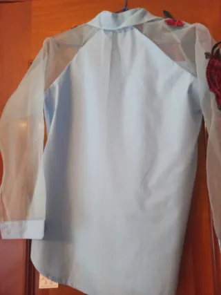 Camisa azul con rosas rojas y transparenciaso