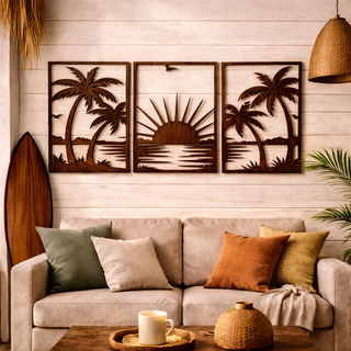 Set 3 Cuadros Paisaje Tropical Madera