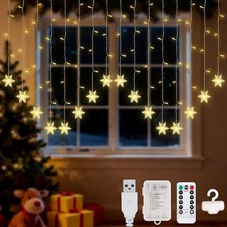 Lypumso Cortina de Luces Navidad, 2x1M 104 LED Copos de Nieve Luces de Navidad 8 Modos con Gancho, Guirnalda Luces Batería/USB I