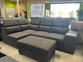 Sofá Rinconera Gris Cama Arcón + Puff