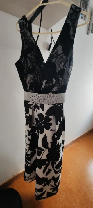 Vestido fiesta/ceremonia negro y blanco con bolsil