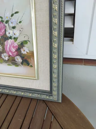 Cuadro Óleo Flores Rosas Cesta