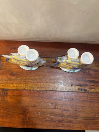 2 Candelabros Cerámica Pez Azul Gris