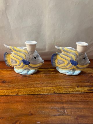 2 Candelabros Cerámica Pez Azul Gris
