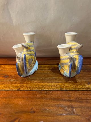 2 Candelabros Cerámica Pez Azul Gris