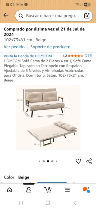 Sofá Cama HOMCOM Beige Terciopelo