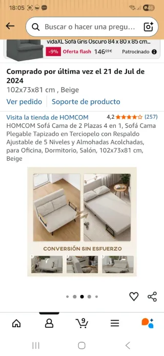 Sofá Cama HOMCOM Beige Terciopelo