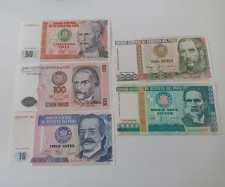 Banconote Peruviane Intis (50, 10, 100, 1000, 1000