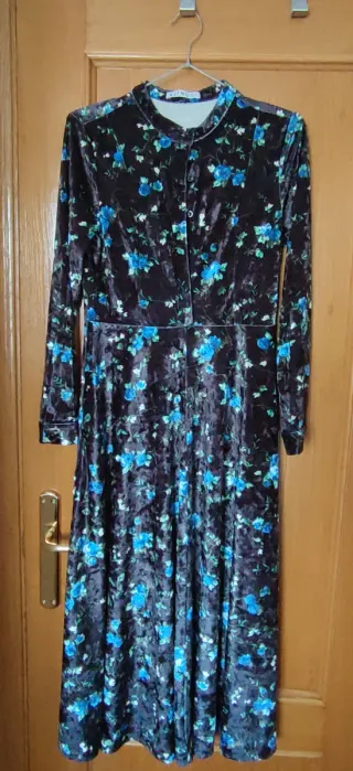 Vestido Kling Terciopelo Estampado Floral Azul TXS