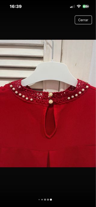Camisa Blusa roja fina S/M encaje perlas elegante