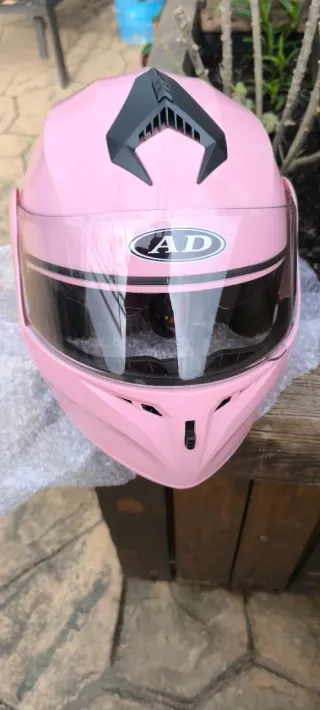 Casco de moto AD rosa para scooter con luz trasera