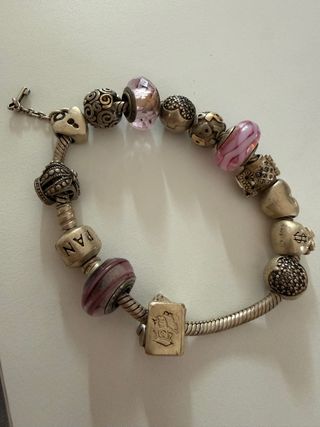 Pulsera Pandora 2 clips, 3 cristales y 9 avalorios