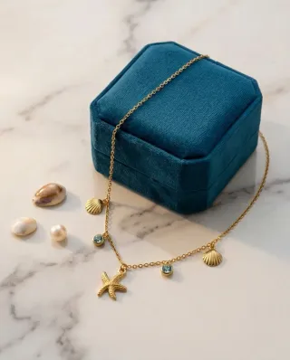 Collar Acero Oro Estrella Mar Conchas y Circonita