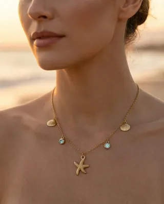 Collar Acero Oro Estrella Mar Conchas y Circonita