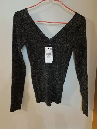 Top brillante Mango negro/plateado