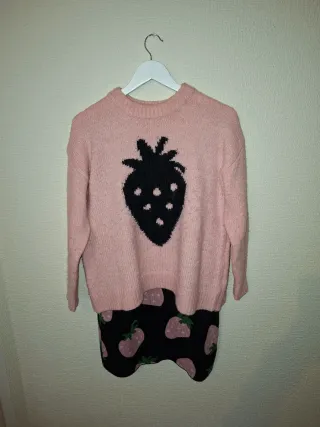 Conjunto lana 2 piezas rosa Jersey y falda