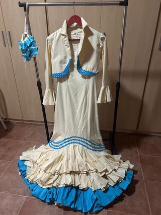 Vestido Flamenca Beige y Azul Talla S