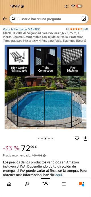 3 paquetes de Valla Seguridad Piscina GIANTEX 3,6m