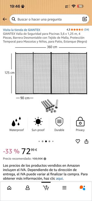 3 paquetes de Valla Seguridad Piscina GIANTEX 3,6m