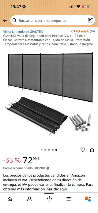 3 paquetes de Valla Seguridad Piscina GIANTEX 3,6m