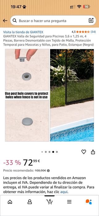 3 paquetes de Valla Seguridad Piscina GIANTEX 3,6m