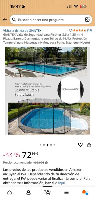 3 paquetes de Valla Seguridad Piscina GIANTEX 3,6m