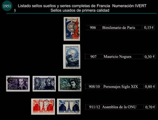 Sellos de Francia años 1951 y 1952 Usados