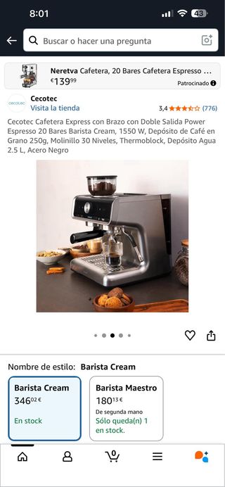 Cafetera Cecotec Barista Cream 1550W