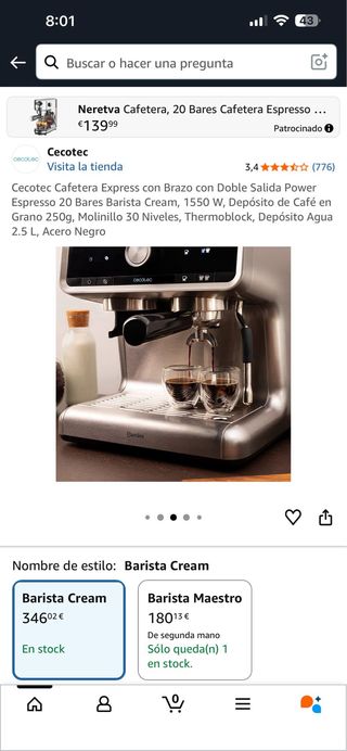 Cafetera Cecotec Barista Cream 1550W